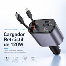 Cargador de coche retráctil rápido de 120W con cables USB-C y Lightning