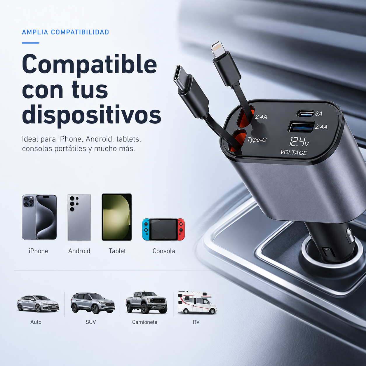 Cargador retráctil compatible con iPhone Android tablets y consolas